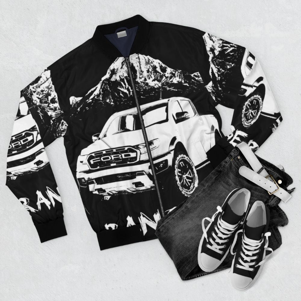 A rugged Ford Ranger inspired bomber jacket, perfect for outdoor adventures and 4WD enthusiasts. - Flat lay