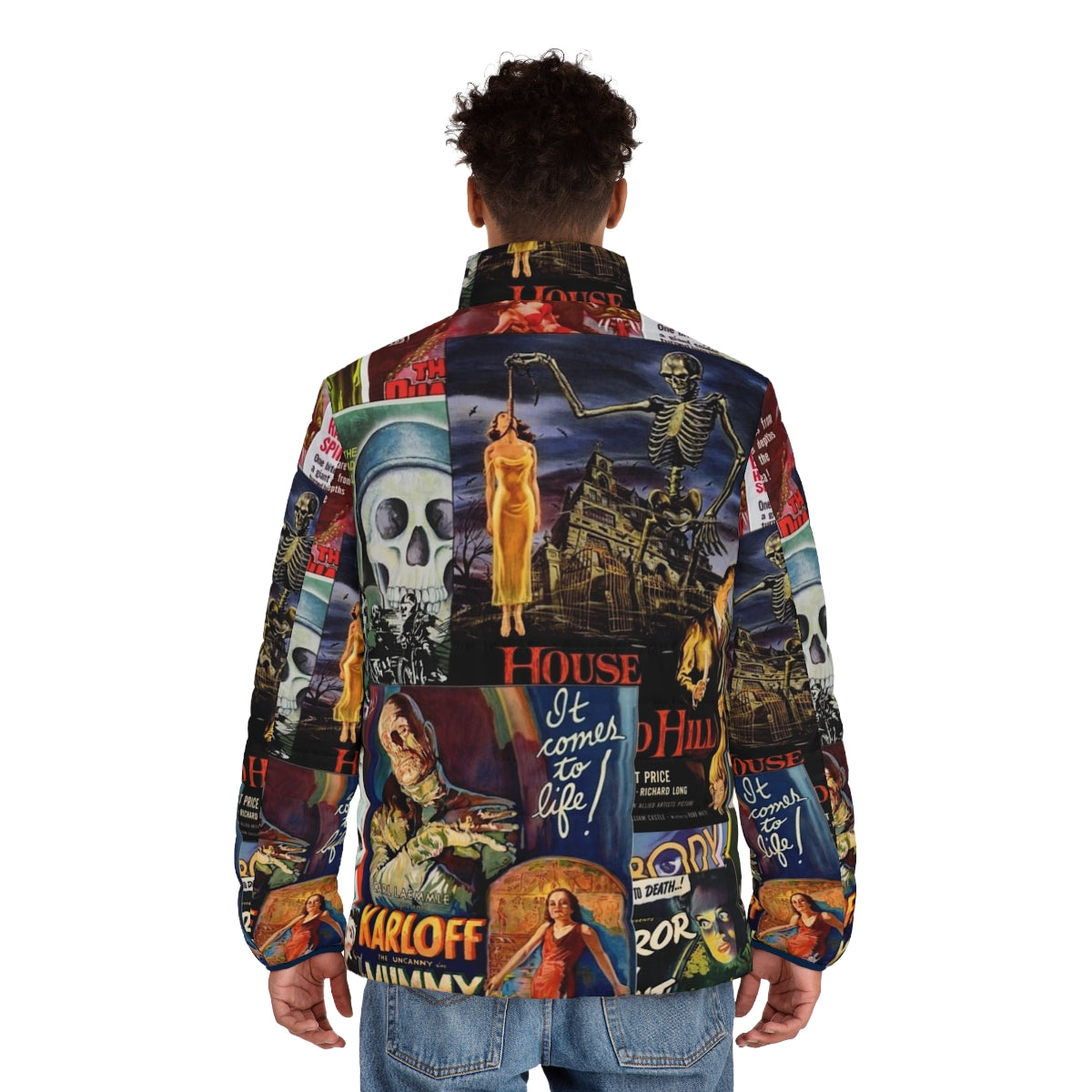 Monster movies puffer jacket featuring vintage horror film icons - men back