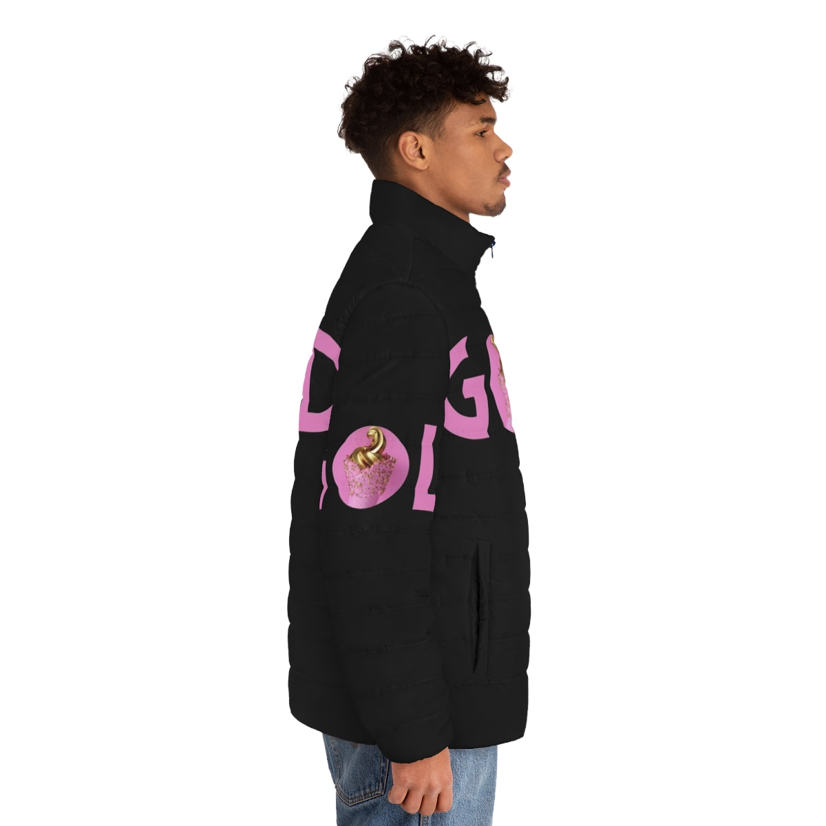 Gold and pink puffer jacket with galaxy unicorn design - men side right