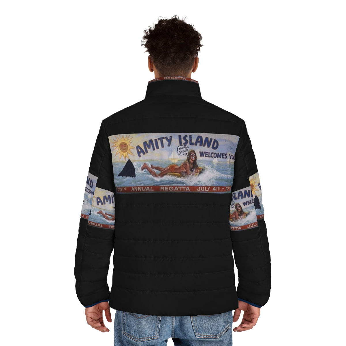 Jaws movie Amity Island puffer jacket featuring a great white shark - men back