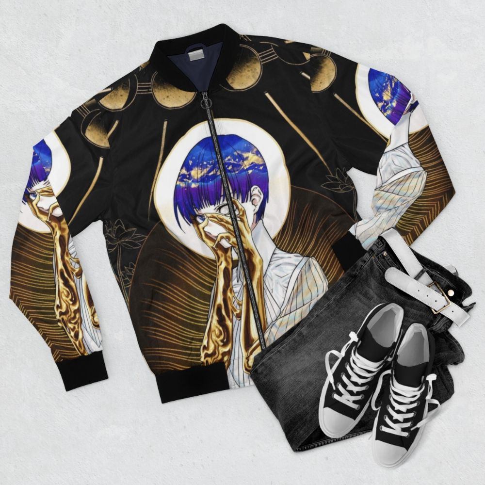 Phosphophyllite CGI anime-inspired bomber jacket from the manga "Land of the Lustrous" - Flat lay