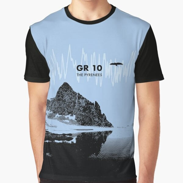 Blue graphic t-shirt with pilgrimage hiking GR 10 elevation art design