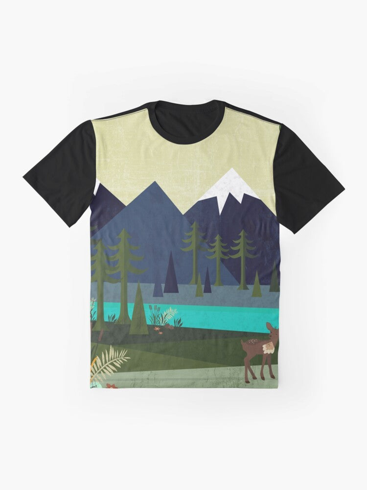 Graphic t-shirt featuring a peaceful landscape with deer, trees, and a river - Flat lay