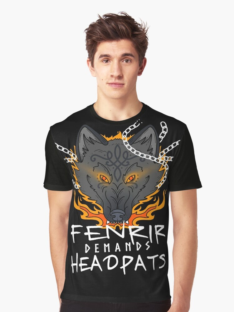 A graphic t-shirt featuring the Norse mythological figure Fenrir, the large wolf-like creature associated with Ragnarok. - Men