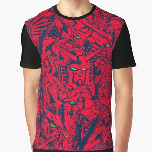 Gundam mecha anime graphic t-shirt with a continuous, repeating pattern design