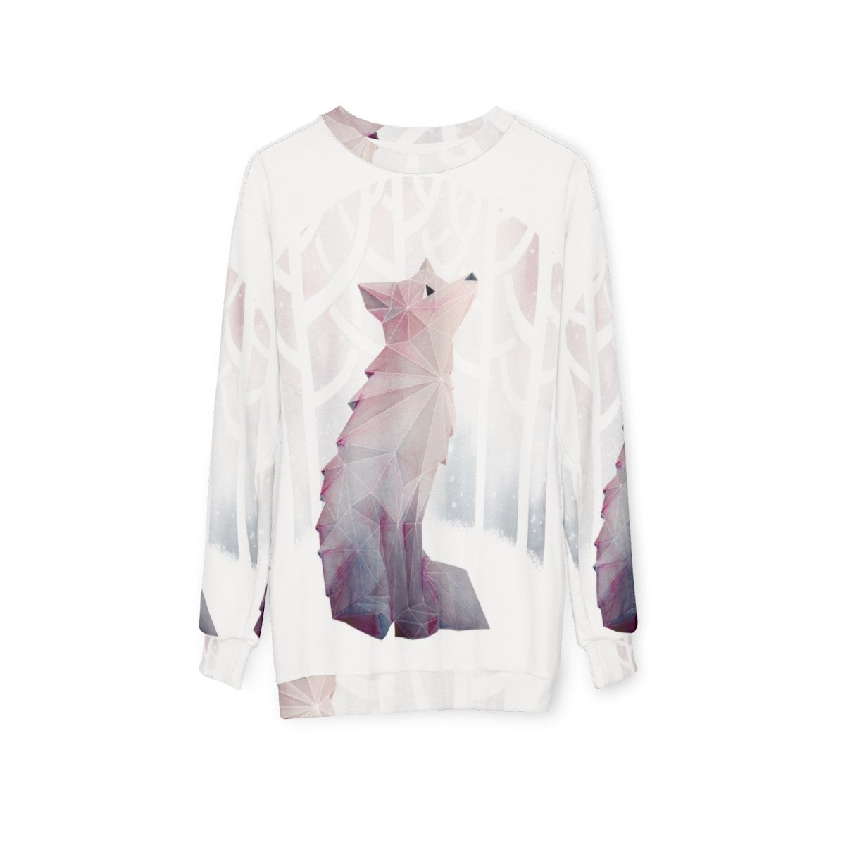 Fox in the snow geometric design sweatshirt - hanging