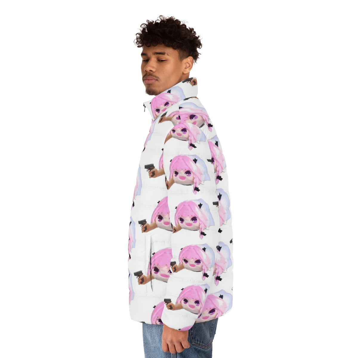 Haunted anime-inspired plushie puffer jacket with gun, perfect for meme and shitpost enthusiasts. - men side left