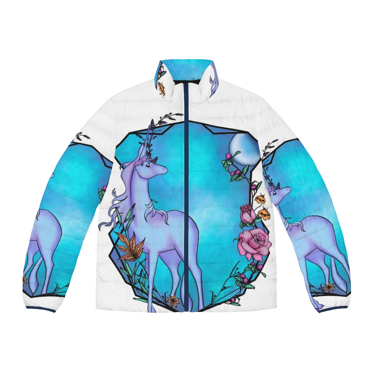 Whimsical watercolor unicorn design on a cozy puffer jacket