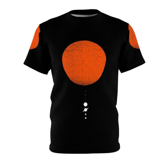 Minimalist design featuring the planets of the solar system on a black t-shirt