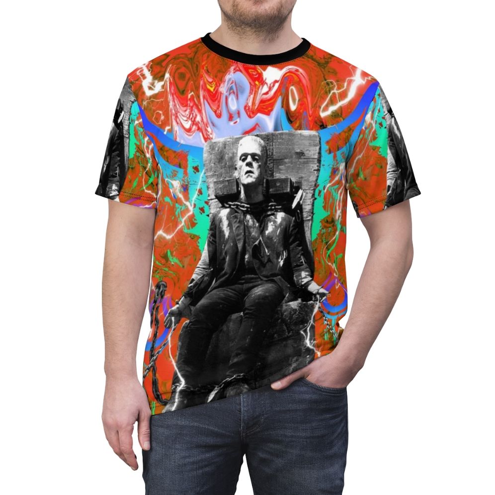 Colorful Frankenstein monster t-shirt design with retro and contemporary elements - men front