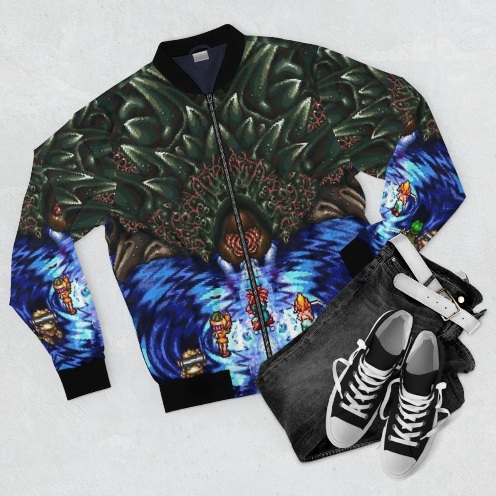 Chrono Trigger Lavos Battle Retro Bomber Jacket featuring pixel art design - Flat lay