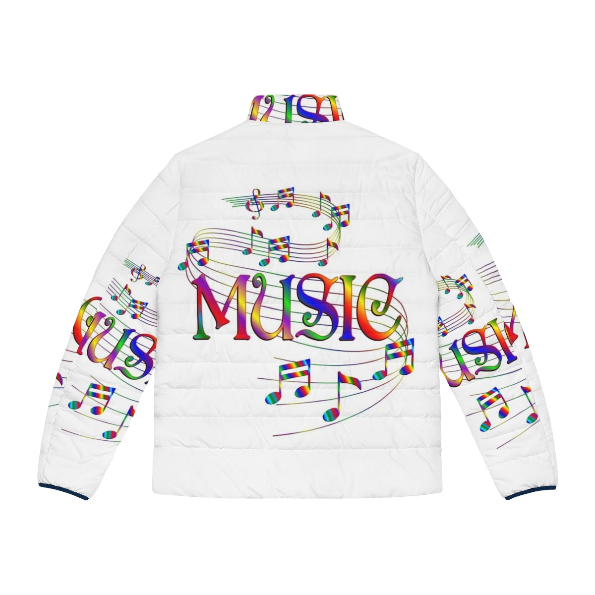 Flowing music notes puffer jacket with a stylish and cozy design for music lovers. - Back