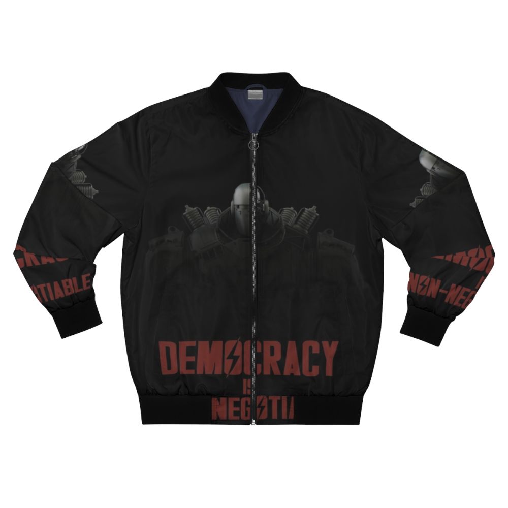 Fallout Liberty Prime bomber jacket featuring a bold democracy design