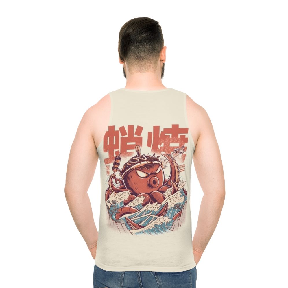 Vintage-style takoyaki monster attack graphic tank top - men back