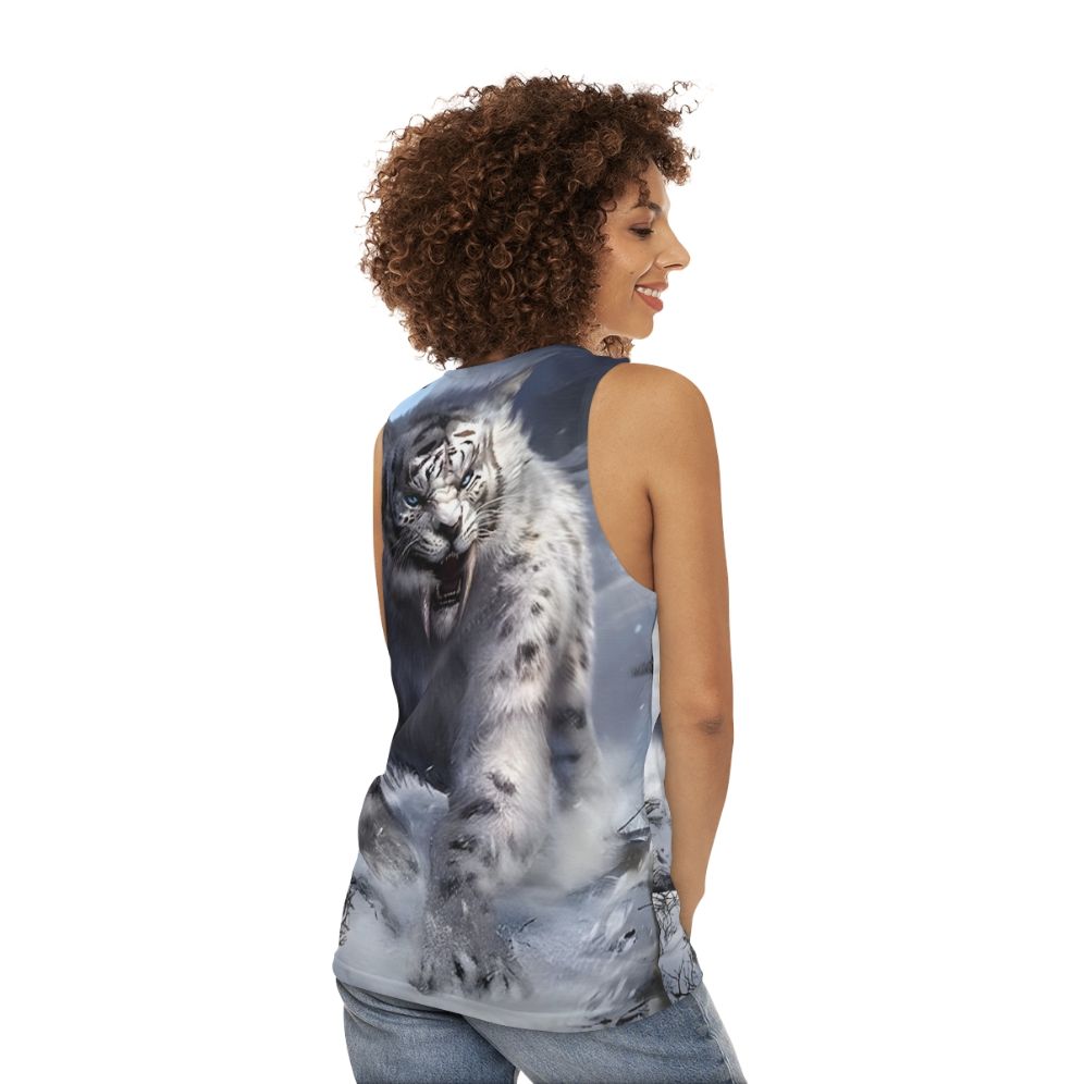 White sabertooth tiger legendary animal unisex tank top - women back