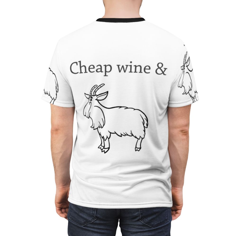 Humorous Australian-inspired t-shirt design featuring a cartoon three-legged goat and a glass of wine, with geometric shapes and elements of music and nature. - men back