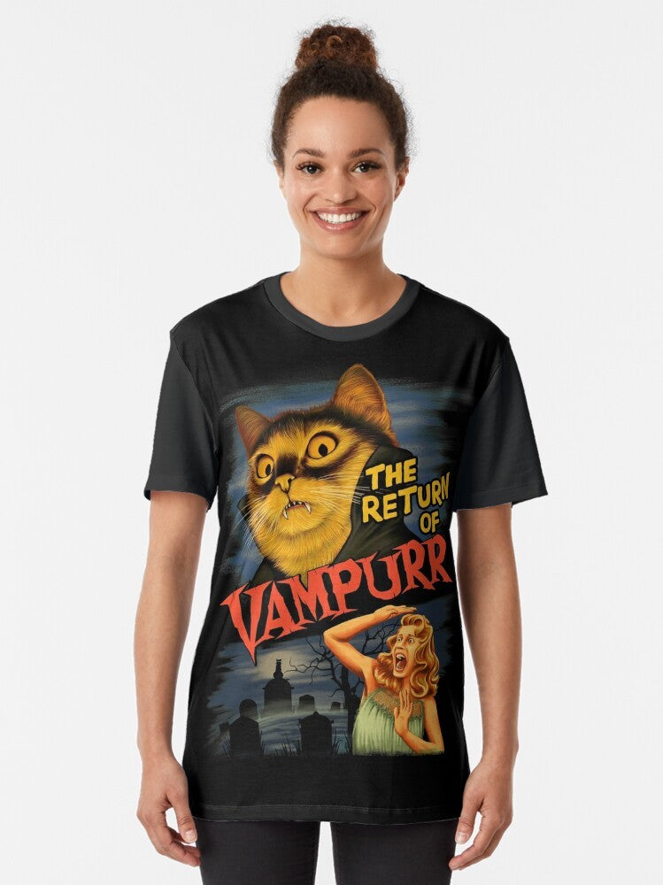 Graphic design of a cute vampire cat with red eyes and fangs on a black t-shirt - Women