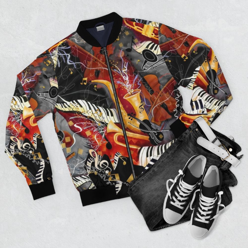 A vibrant bomber jacket featuring a collage of musical instruments like guitars, saxophones, trumpets, violins, and pianos. - Flat lay