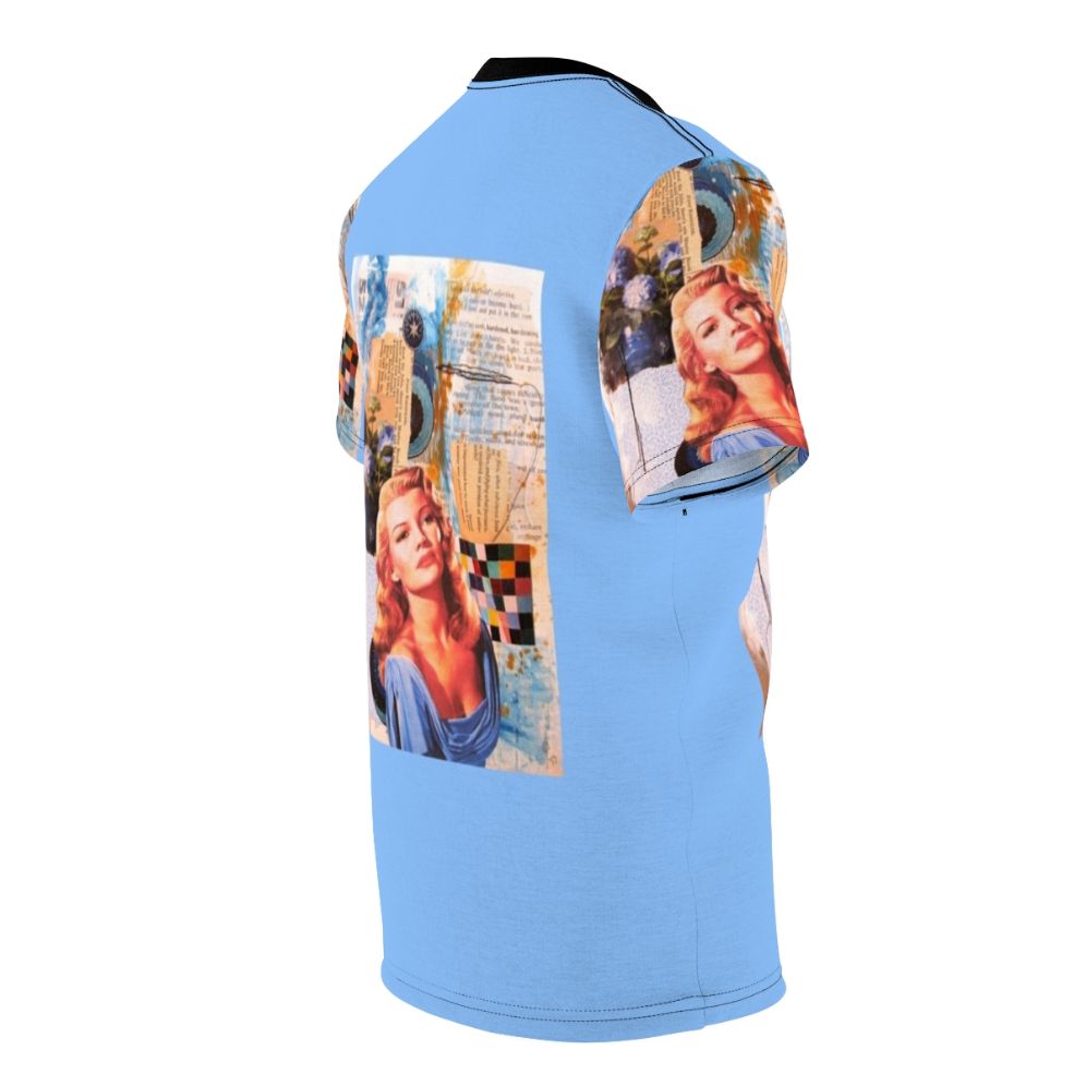 Stylized portrait of classic Hollywood actress Rita Hayworth in a vibrant blue color scheme - men right