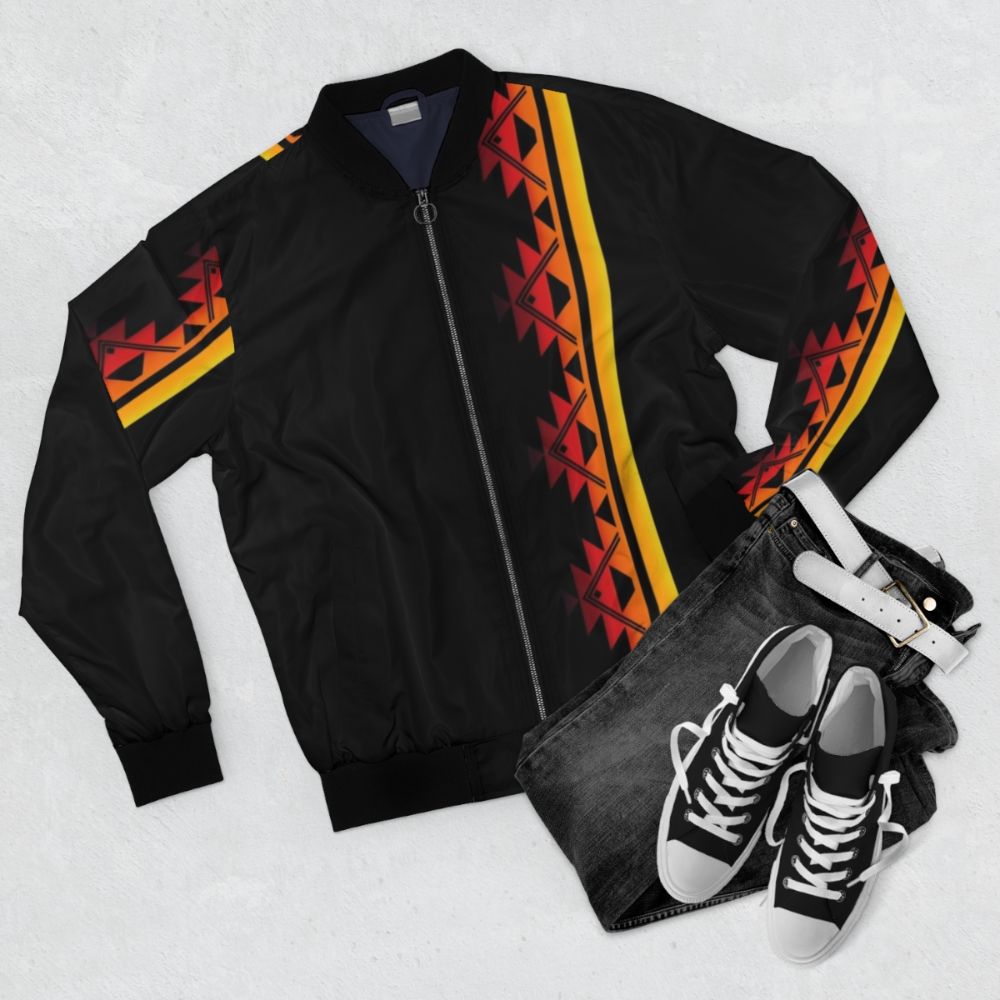 Klamath Tribes Native American Bomber Jacket with tribal and indigenous designs - Flat lay