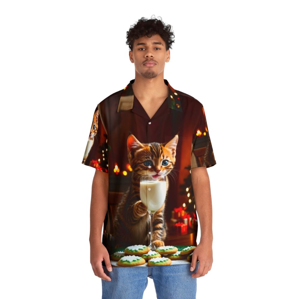 Magical Cat Santa's Helper Hawaiian Shirt featuring a surreal digital artwork with a cat in a Santa hat - People Front