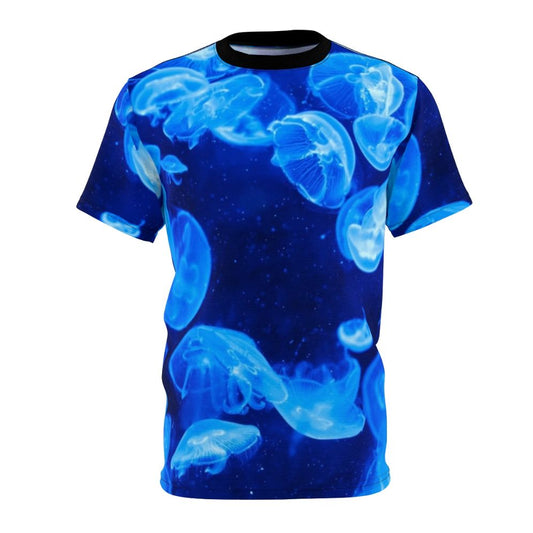 Stunning all-over print t-shirt featuring a colorful blue jellyfish design