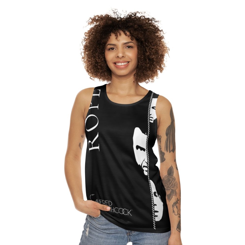 Vintage style unisex tank top featuring Alfred Hitchcock's Rope movie - women