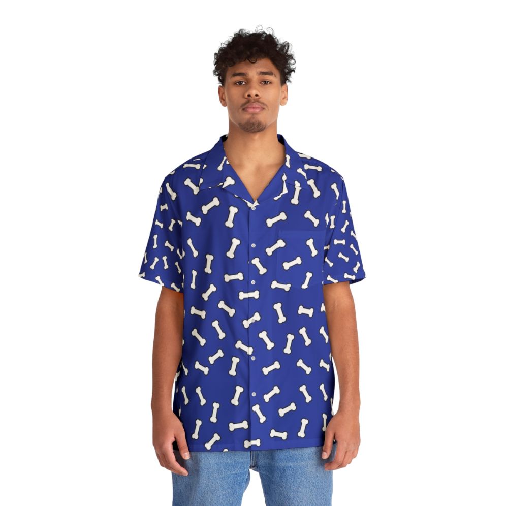 Vibrant Blue and White Cartoon Dog Bone Pattern Hawaiian Shirt - People Front