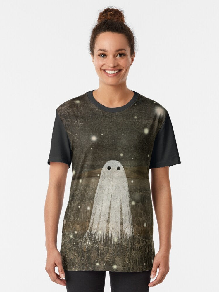 Vintage-style graphic t-shirt featuring glowing fireflies or lightning bugs against a dark, haunted background - Women