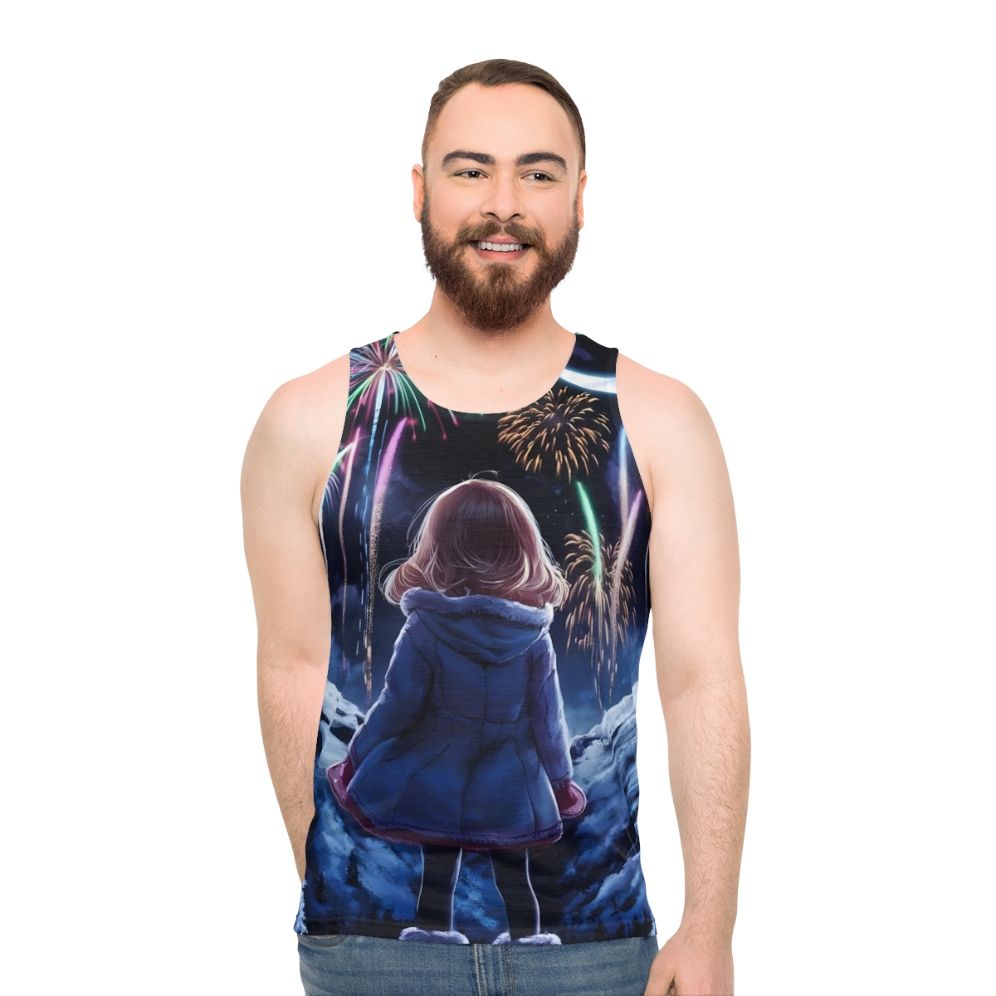 Anime unisex tank top with colorful fireworks and fantasy scenery - men