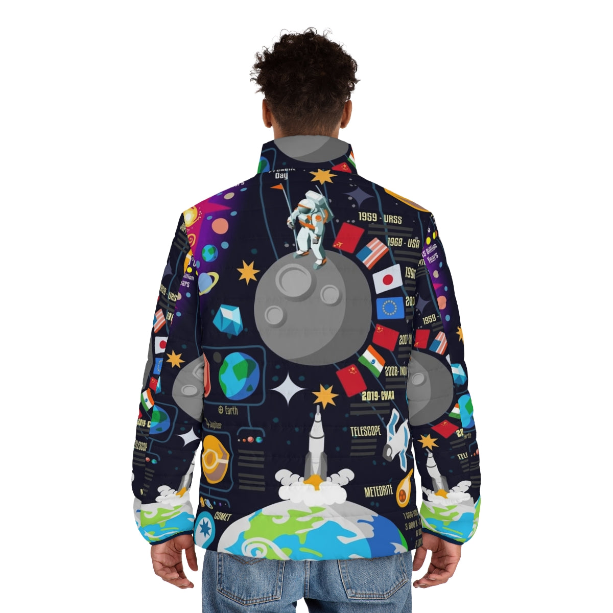 Space-inspired puffer jacket with infographic design of the universe and big bang - men back