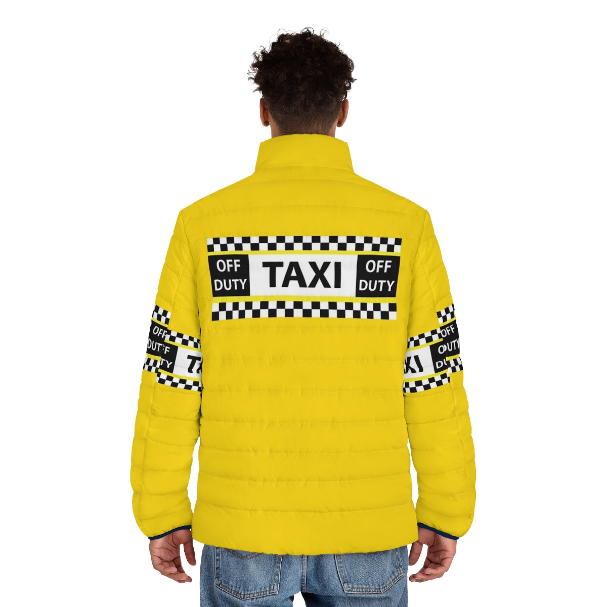 New York yellow taxi cab puffer jacket with checkered pattern - men back