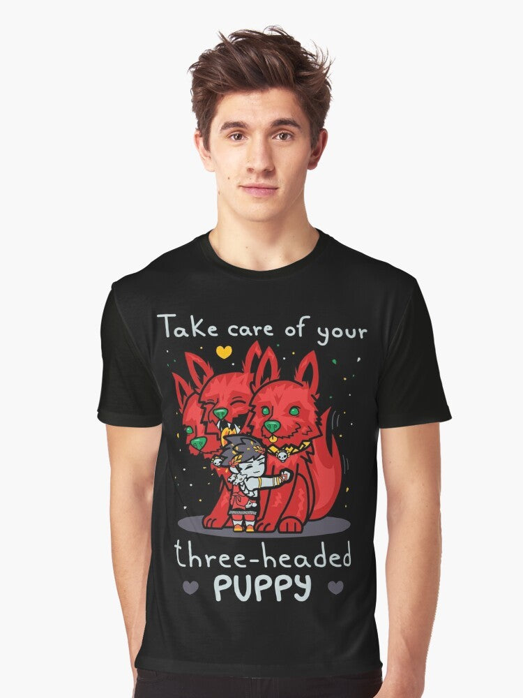 Graphic t-shirt featuring a cute three-headed puppy inspired by the Hades video game character Cerberus. - Men