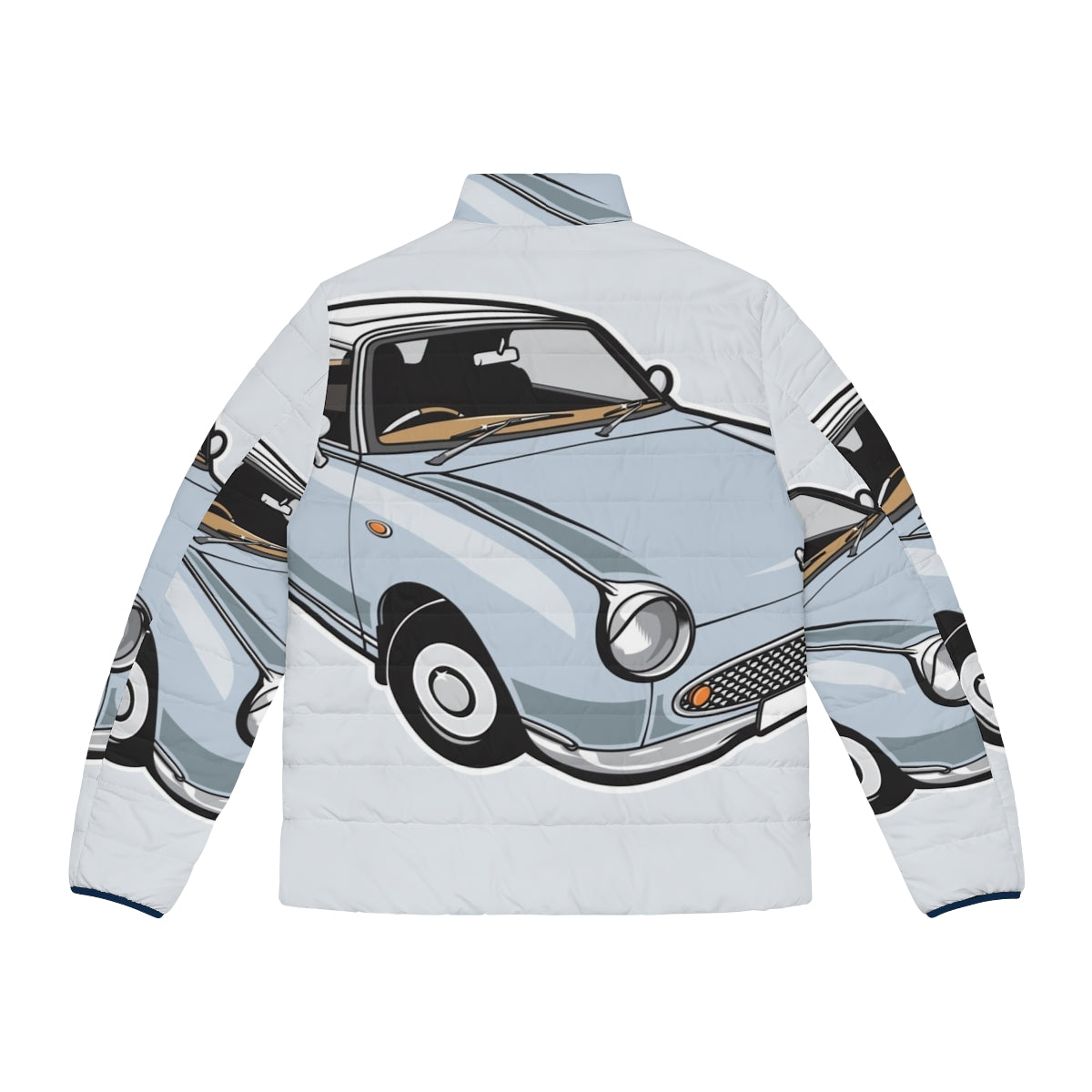 Pale aqua puffer jacket with Nissan Figaro car-inspired design - Back