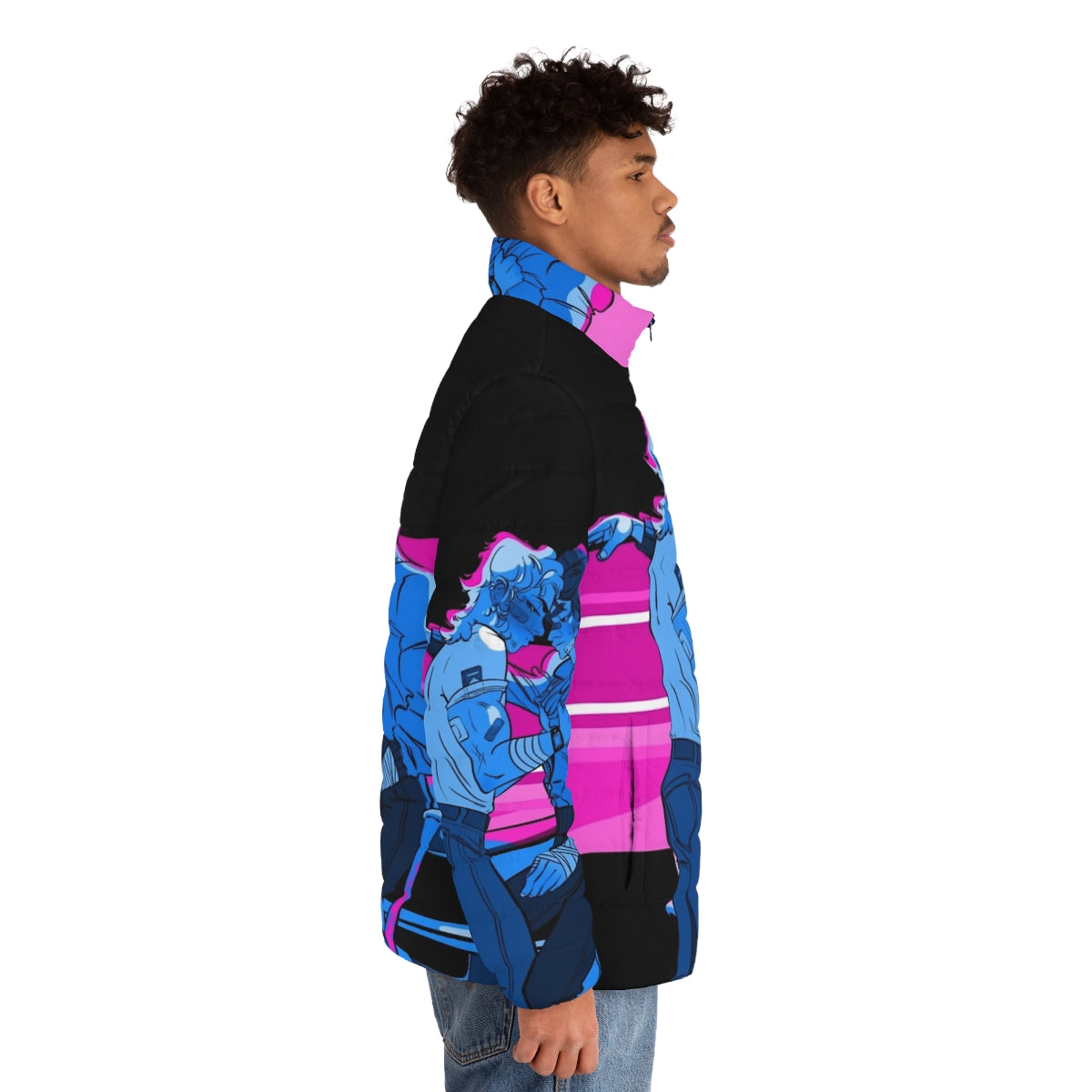 Harringrove-inspired blue puffer jacket with sunset design - men side right