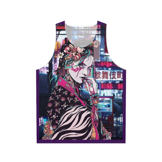 Geisha-inspired unisex tank top with cityscape and floral graphics