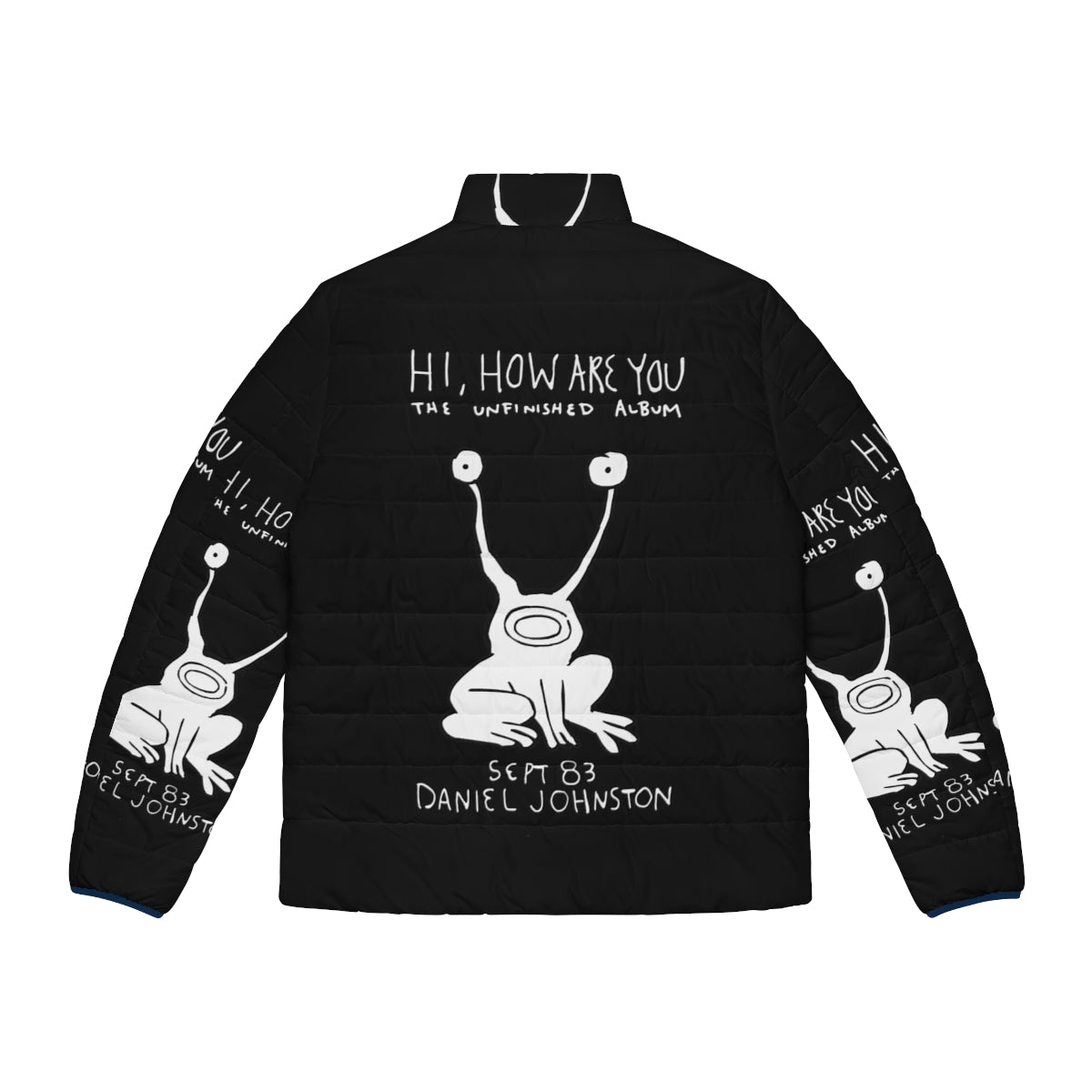 Hi How Are You Daniel Johnston inspired puffer jacket with album cover graphics - Back