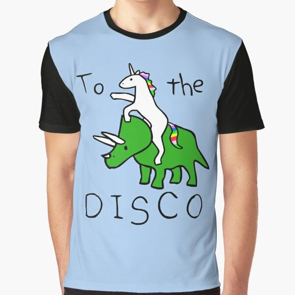 A graphic t-shirt design featuring a unicorn riding a triceratops in a disco setting.