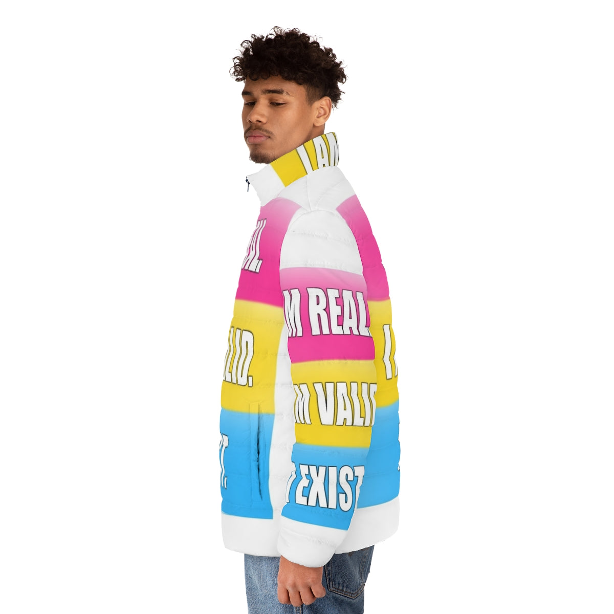 Pansexual pride puffer jacket with the text "I Am Real, I Am Valid, I Exist" - men side left