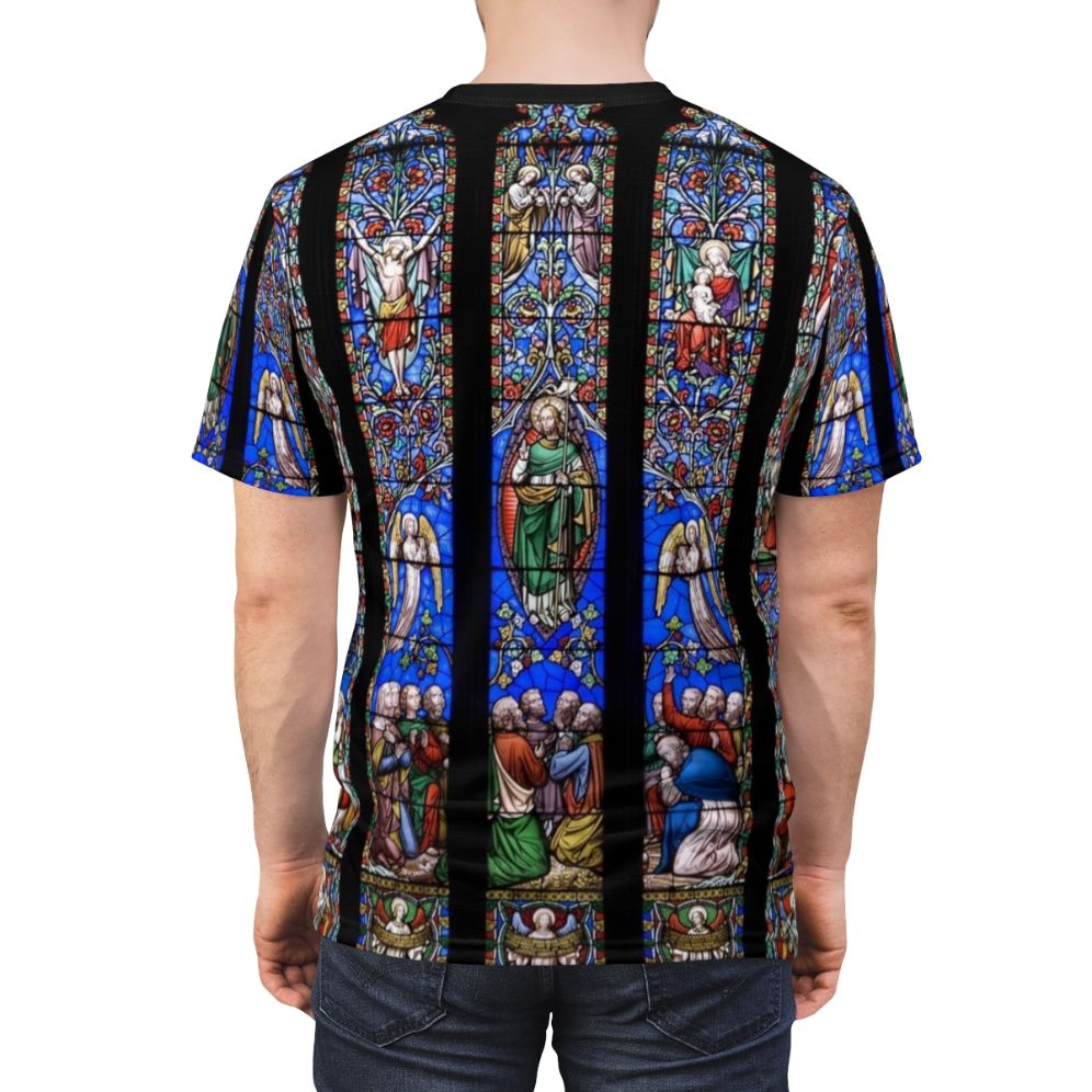 A high-quality t-shirt featuring a stunning design of a stained glass church window, perfect for those seeking faith-based fashion. - men back