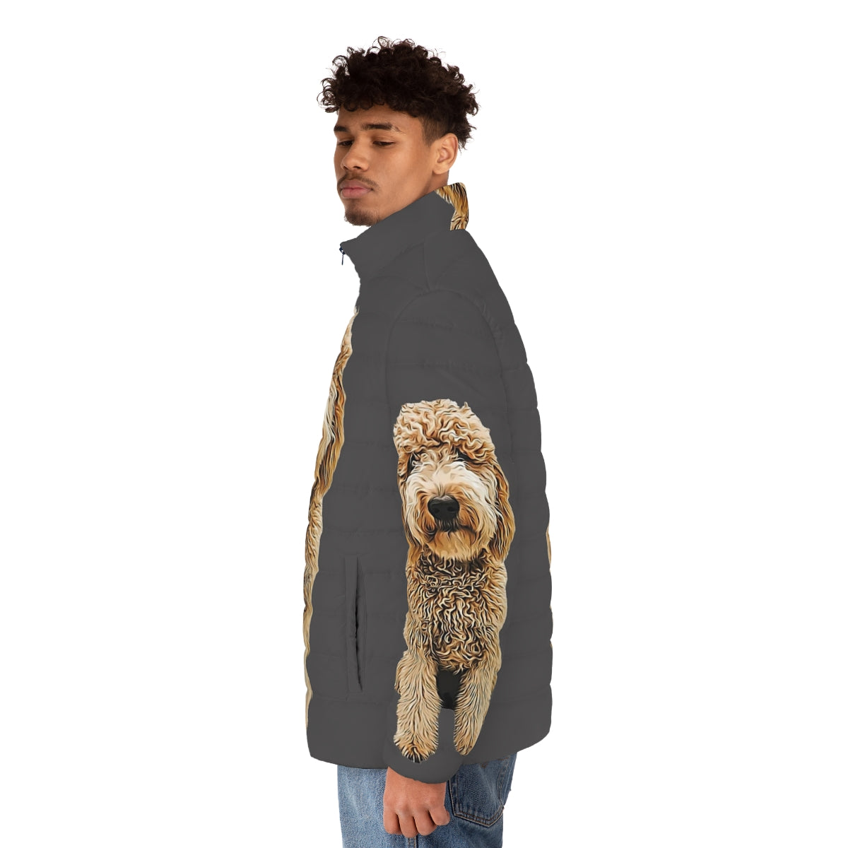 Goldendoodle and Labradoodle wearing a puffer jacket - men side left