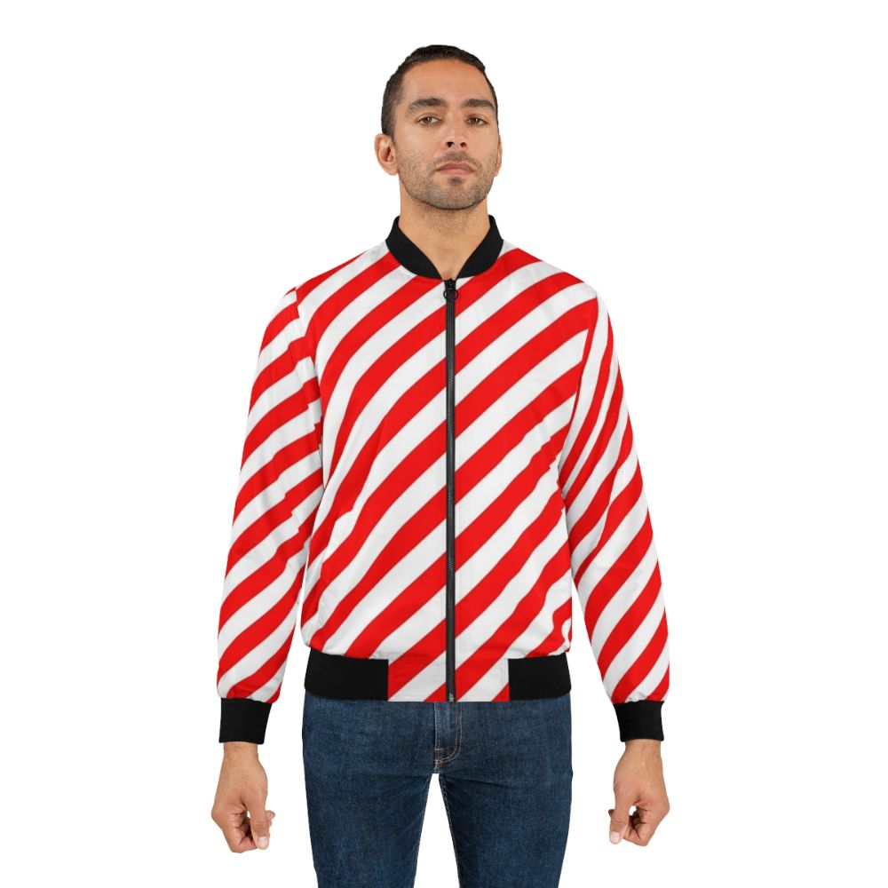 Red and white diagonal stripes bomber jacket with a pattern design - Lifestyle