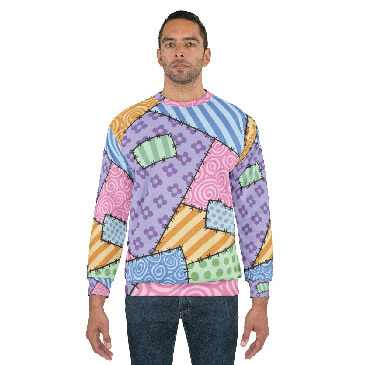 Patchwork sweatshirt with kawaii star and floral design - men