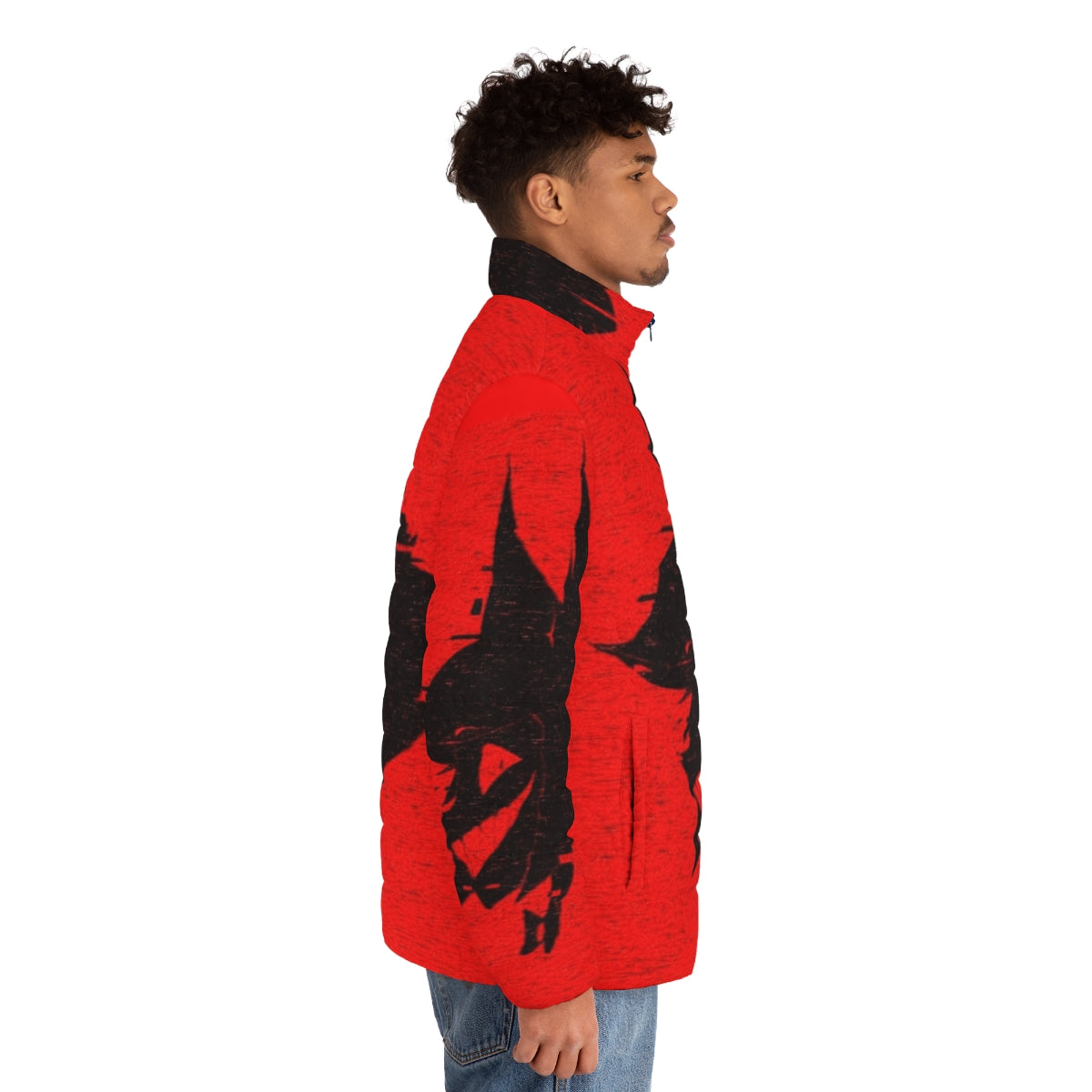 Hazbin Hotel Alastor Puffer Jacket with the iconic Radio Demon design - men side right