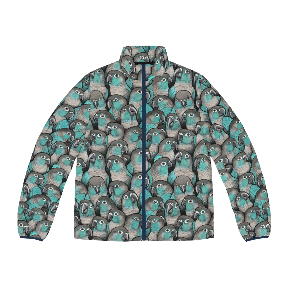 Turquoise green cheeked conure puffer jacket with bird pattern