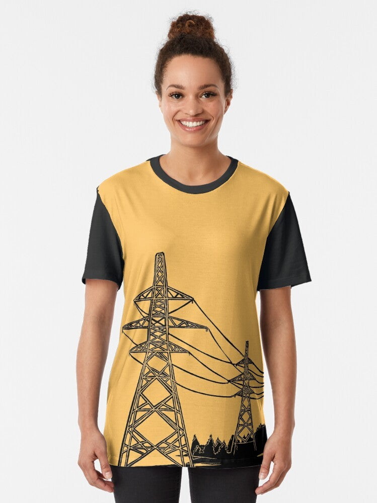 Electricity pylons linocut silhouette graphic design on mustard yellow t-shirt - Women