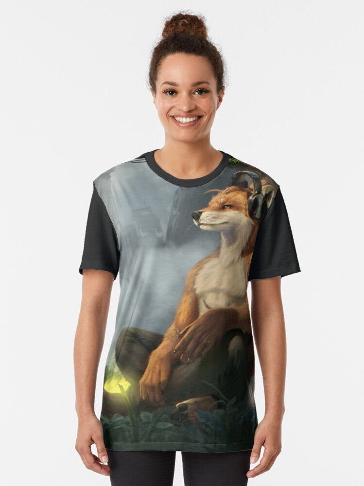 Relaxing graphic t-shirt featuring an anthropomorphic fox or canine character - Women