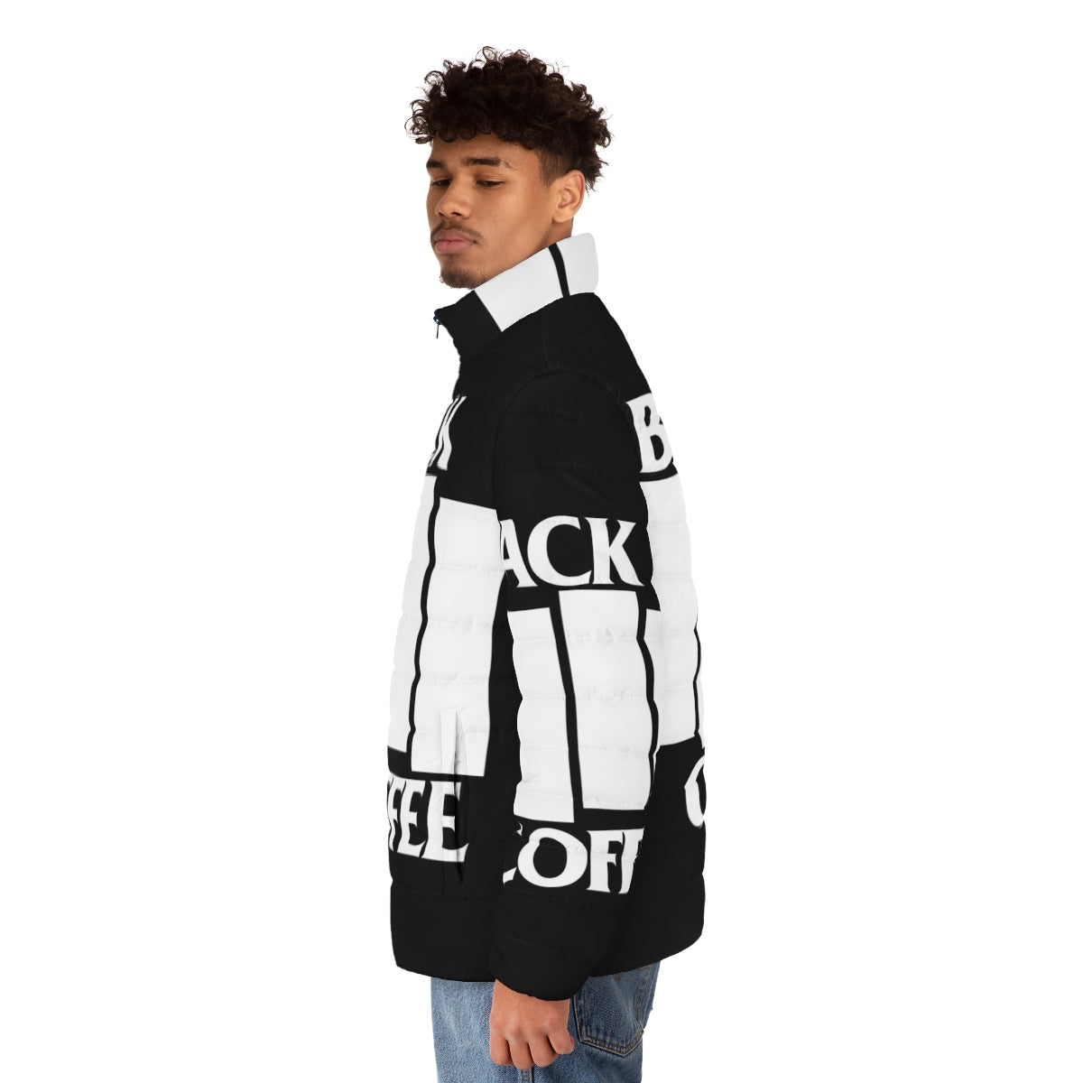 Black Coffee White Puffer Jacket with metal music inspired design - men side left