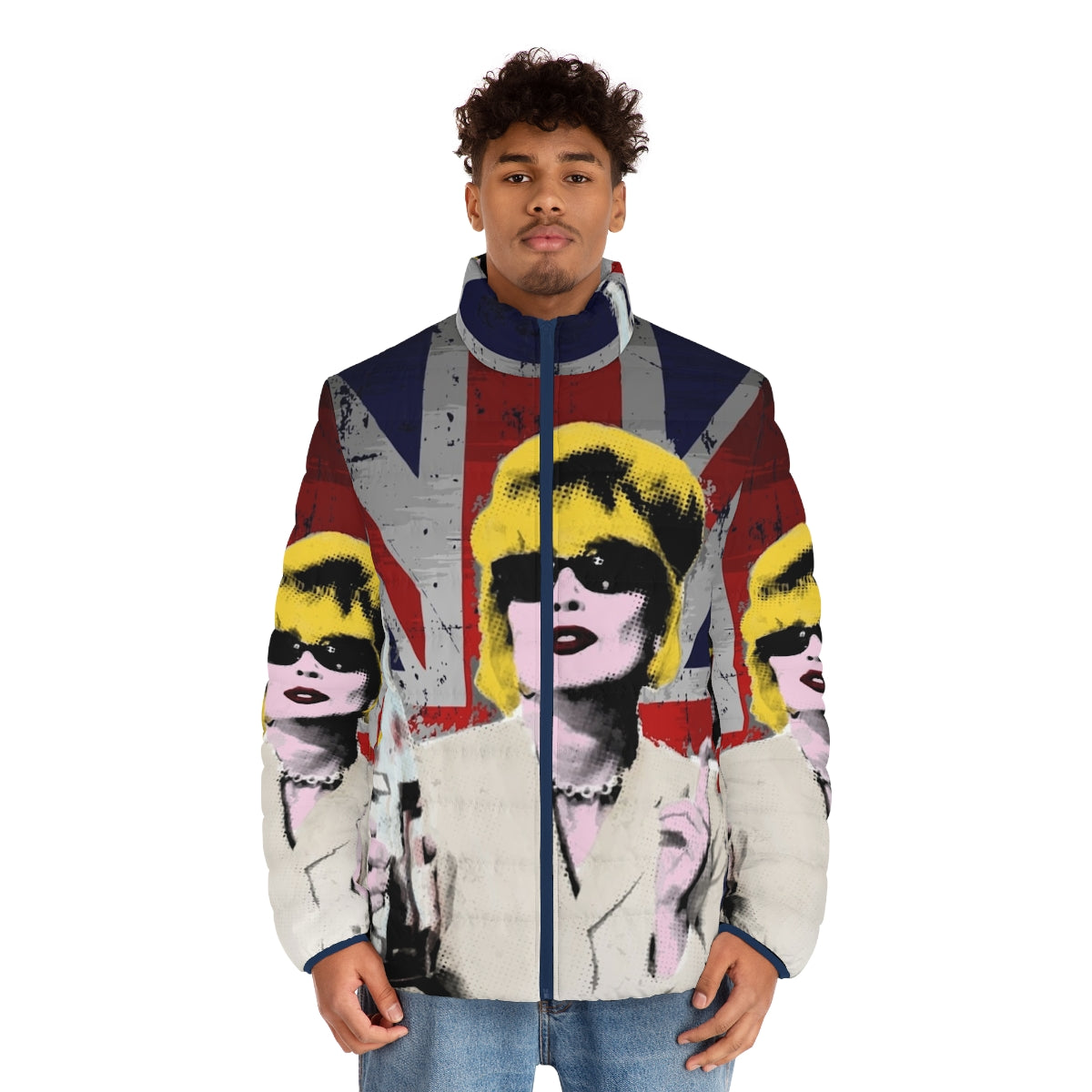 Fabulous pop art inspired puffer jacket in union jack style - men front