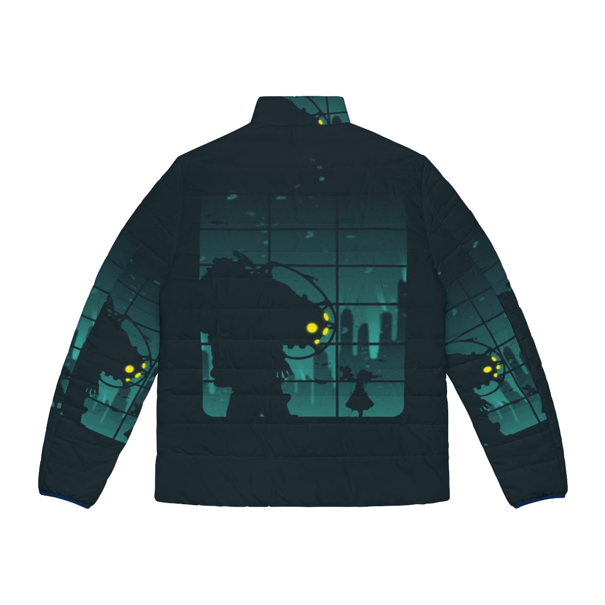 Bioshock-inspired puffer jacket featuring the iconic Mr. Bubbles character - Back